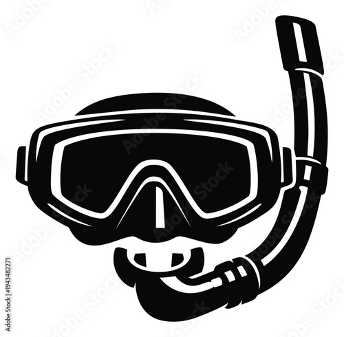 Bold silhouette illustration of scuba diving mask and snorkel depicting underwater equipment for water sports design