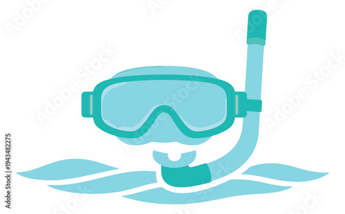 Flat illustration of snorkel mask and breathing tube depicting diving equipment floating on water for summer and beach design