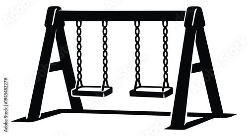 Silhouette illustration of playground swing set depicting classic double chain swings for childhood and recreation design