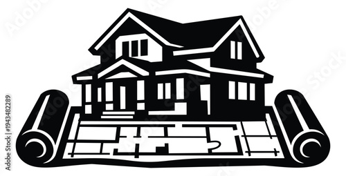 Bold silhouette illustration of a house on blueprints depicting residential construction planning for real estate and architecture design