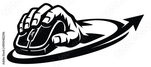 Bold cartoon illustration of a fist gripping a computer mouse depicting speed and control for gaming and technology design