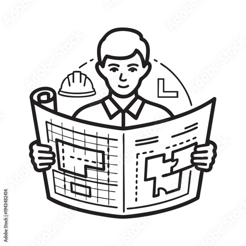 Professional Architect Reviewing Conceptual Building Blueprints and Development Plans with Safety Gear