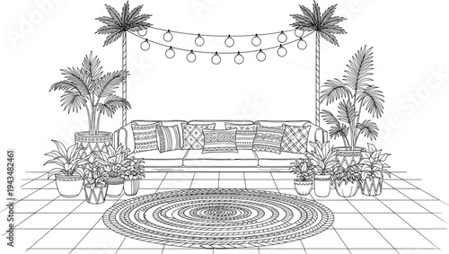 Black and white line of outdoor patio with couch and plants line black and white palm trees