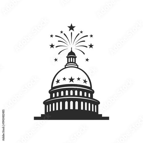 Black silhouette of US Capitol building with fireworks.