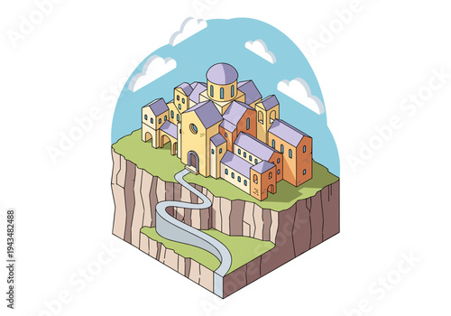 Isometric illustration of a medieval monastery perched on a cliff with a winding path