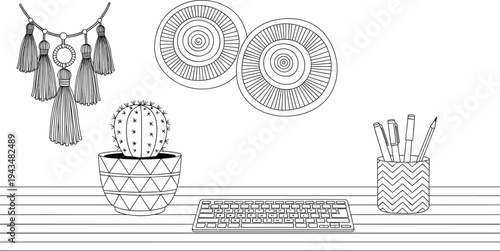 Boho office desk with cactus keyboard and tassel jewelry bohemian