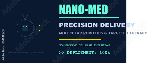 Nanomedicine precision delivery system concept, molecular robotics for targeted therapy, cellular repair, future medical innovation.
