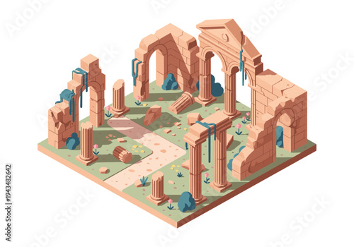 Isometric ancient ruins with crumbling stone columns and arches overgrown with moss