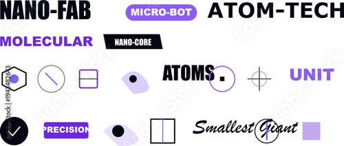 Nanotechnology and Molecular Science Concepts: Modern Abstract Vector Illustration with Micro-Bot, Atom-Tech, Precision Elements.