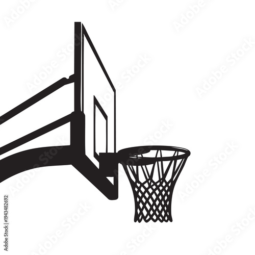 Basketball hoop with net and backboard in a black and white silhouette