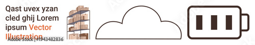 Logistics, cloud technology, energy efficiency, digital storage, supply chain, sustainable design. Shelving unit with boxes, a cloud shape and a battery icon. Logistics and cloud technology concept