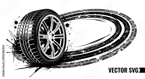 Car Tire with Black Splatter and Tire Tracks - Vector Art