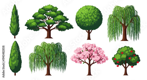 Diverse Collection of Stylized Trees: Cherry Blossom, Willow, Cypress, Fruit Tree