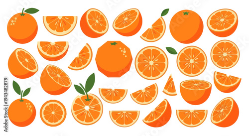 Fresh Oranges Collection: Whole, Sliced, and Halved Citrus Fruits