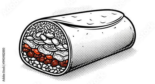 Hand-drawn burrito illustration, Mexican food, fast food, fresh ingredients, black and white vector art