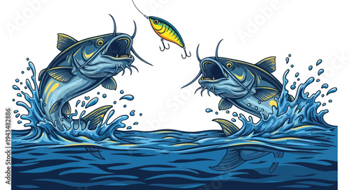 Two Catfish Leaping From Water Towards Fishing Lure