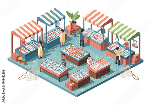 Isometric fish market scene with vendors selling fresh seafood from stalls