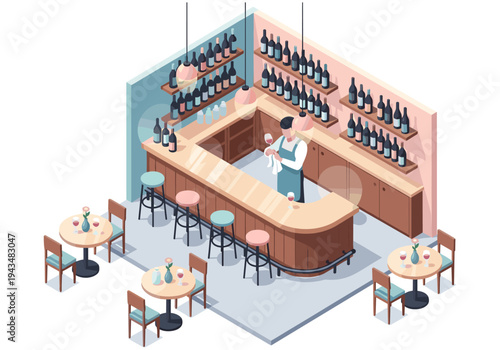 Cozy wine bar interior with bartender cleaning glasses and tables ready for customers