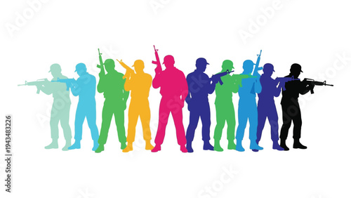 A group of people holding guns in different colors