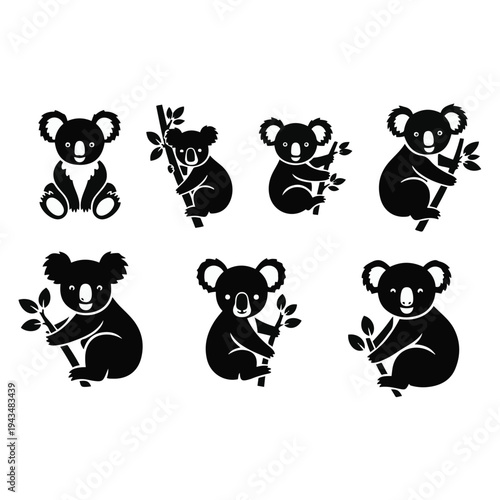 Black silhouettes of cute koalas sitting.
