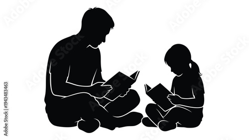 A man and a child sitting and reading books