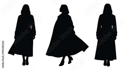 Three black silhouettes of women in long dresses