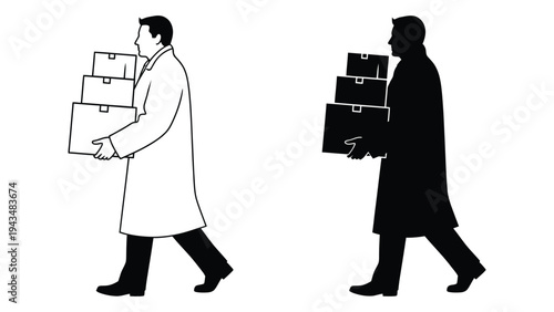 A man carrying boxes in a lab coat and a silhouette of a man carrying boxes
