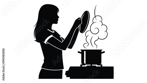 Woman cooking with a pot on the stove
