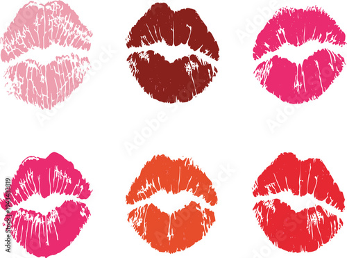 Set of colorful lipstick kiss prints isolated on white background for romance