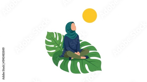 Peaceful Woman in Hijab Meditating on Large Green Leaves Under a Bright Yellow Sun Outdoors Serene Atmosphere