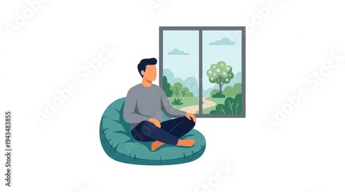 Pixel Art Man Meditating on Beanbag Chair Looking Through Window at Green Landscape with Tree and Clouds