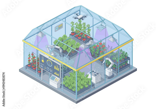 Automated greenhouse with robots, drone, and advanced monitoring systems for smart farming