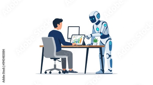 Man and Robot Collaborating on Business Growth Data Analysis on a Tablet in a Modern Office Setting