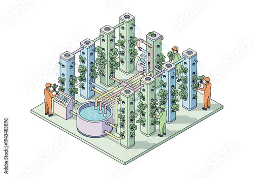 Vertical farming system with workers tending to crops in an isometric illustration