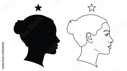 A black and white silhouette of a woman's head with a star above