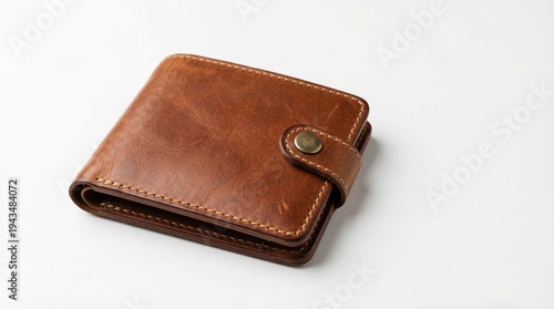 A brown leather wallet with a snap closure on a white background