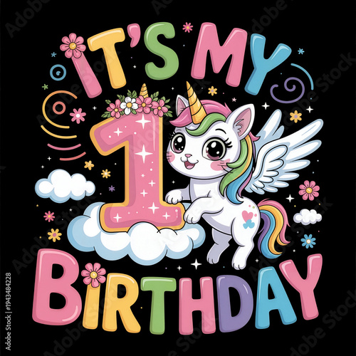 A vibrant unicorn with wings stands on a cloud, celebrating its first birthday.