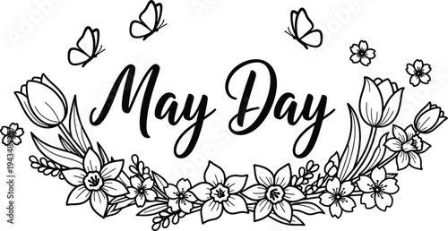 May day celebration illustration with floral wreath and butterflies