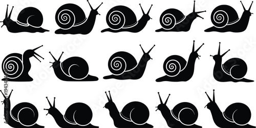 Black snail silhouette vector collection featuring garden gastropod icons in various crawling poses isolated on white background for nature design and wildlife animal projects