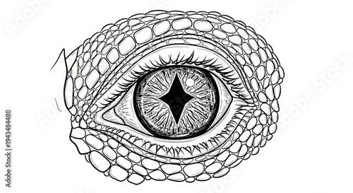 Detailed Illustration of a Reptilian Eye with Star-Shaped Pupil, Close-Up
