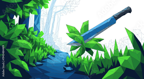 Low Poly Jungle Survival Knife Stuck in Overgrown Green Leaves