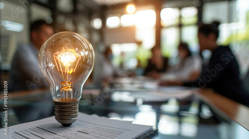 brainstorming idea concept picture of glowing technology light bulb with blurred business meeting teamwork office background.