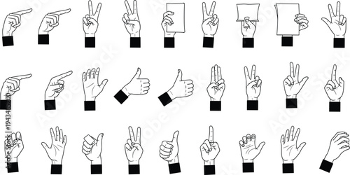 A diverse collection of hand gesture vector icons in black line art style including pointing thumbs up peace signs and hands holding paper.