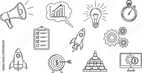 Business and marketing strategy vector icons set featuring rocket launch, bullhorn, target with dollar sign, light bulb idea, checklist, financial graph, and gear symbols.
