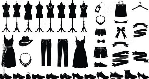 Large Collection of Fashion Silhouette Icons Featuring Mannequins Dresses Shoes Trousers Ribbons and Accessories for Clothing Retail Store Branding and Apparel Design Projects