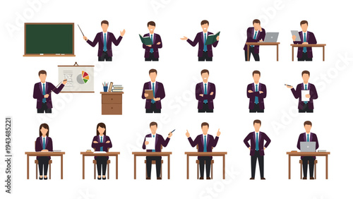Educator Pose Compilation: A comprehensive collection showcasing instructors in various professional gestures, including lecturing, presenting, and engaging, with each pose conveying distinct methods