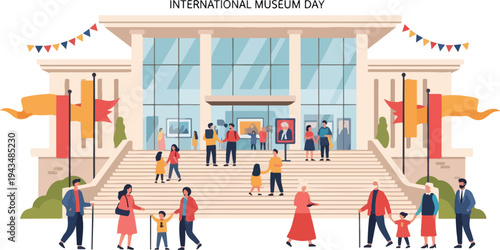 A digital illustration of a diverse crowd of people visiting a modern art museum exhibition on International Museum Day, with a large glass facade and colorful banners. Perfect for