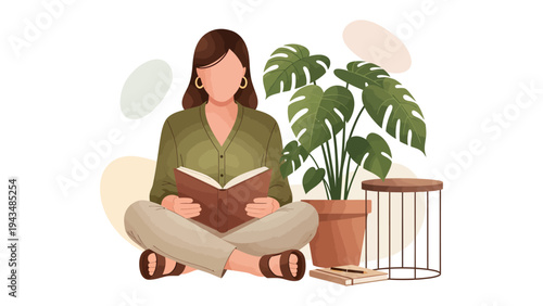 Serene Reader Amidst Plants: A woman finds solace in reading a book while surrounded by the tranquility of indoor plants, creating a calming scene.