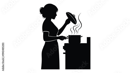 Woman cooking with a pot on the stove