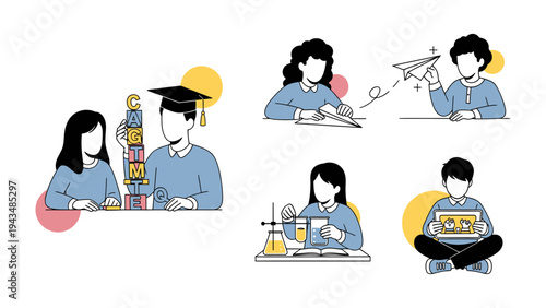 Educational Endeavors Illustrated: A collection of illustrations depict students engaging in diverse educational activities. From building blocks to laboratory experiments.